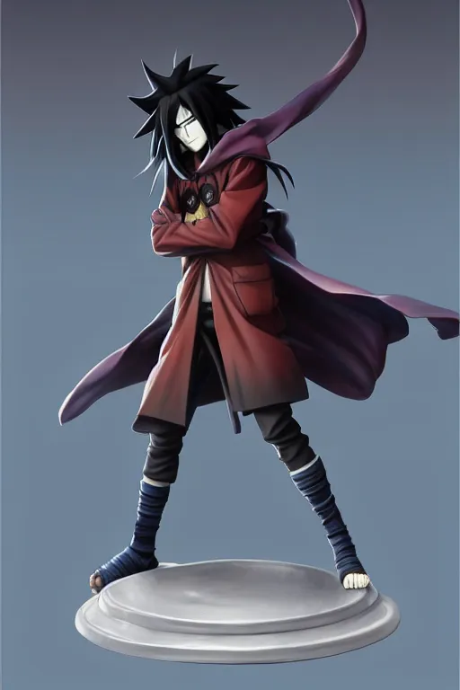 Image similar to still figurine of madara uchiha from naruto shippuden, highly detailed, digital painting, artstation, concept art, smooth, sharp focus, illustration, art by artgerm and greg rutkowski and alphonse mucha, beautiful composition