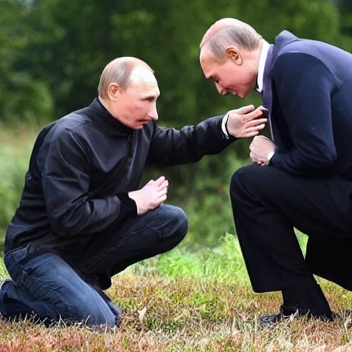 Image similar to Vladimir Putin kneeling before a man in a wild furry costume