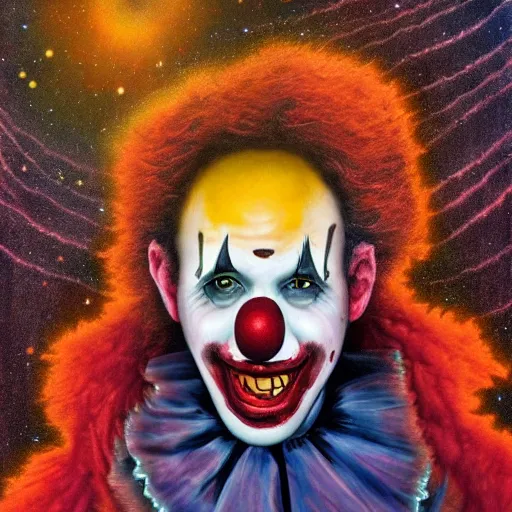 Image similar to Clown turning into a cosmic horror, Gothic Art, color, award-winning art, horror, scary, eerie, ominous, unnerving, 8k