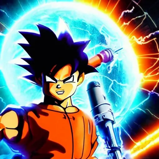 Image similar to stunning awe inspiring son goku with a highly detailed face as a ghostbuster in the movie ghostbusters, movie still 8 k hdr atmospheric lighting