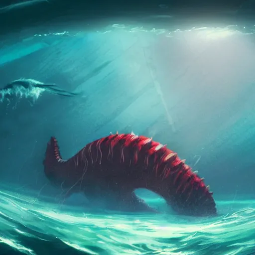 Image similar to underwater view of a strange alien world, some washed out red and green plant life, giant leviathan swimming far in the background, deep blue sea color, artstation