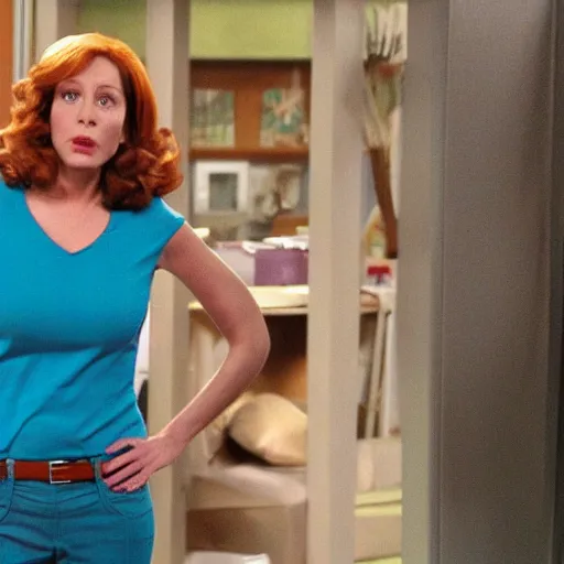 Image similar to A still of Lois Griffin from Family Guy in NCIS, turquoise blouse, tan pants