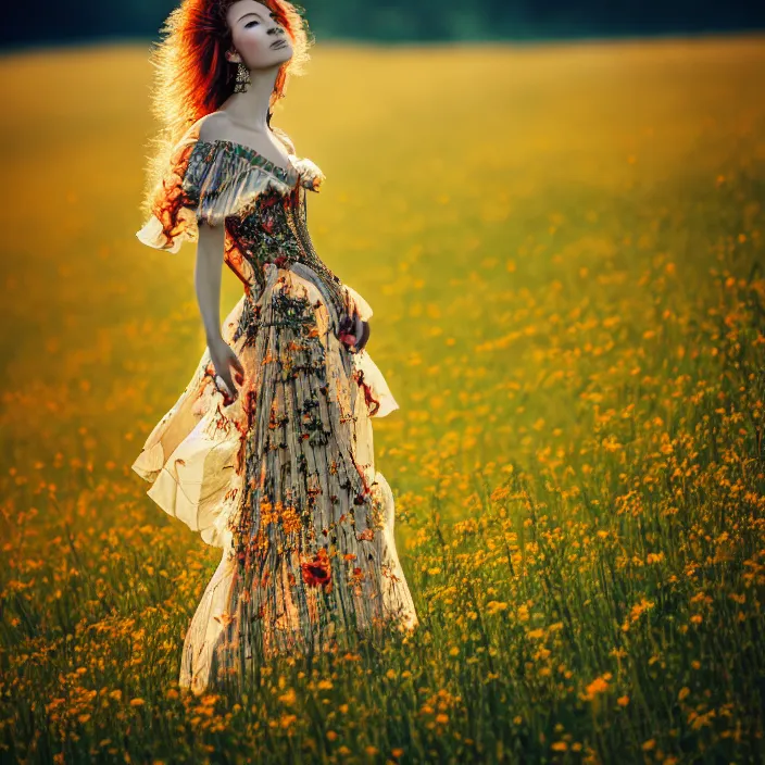 Image similar to photo of a very beautiful!! woman on intricate dress in an endless heavenly meadow, 8 k, hdr, smooth, sharp focus, high resolution, award - winning photo, trending on artstation, dslr, 5 0 mm