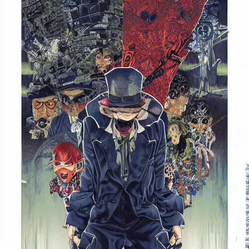 Image similar to portrait of crazy mister x, symmetrical, by yoichi hatakenaka, masamune shirow, josan gonzales and dan mumford, ayami kojima, takato yamamoto, barclay shaw, karol bak, yukito kishiro