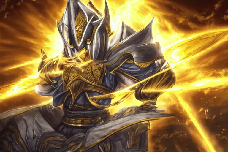 Image similar to an ultra detailed portrait of saladin as a shonen anime protagonist charging into battle wearing bright gold armor and huge flaming longsword blessed by god, epic anime fantasy, 8 k, volumetric lighting, smooth, highly detailed, digital illustration, art by kentaro miura and akira toriyama and albert bierstadt and greg rutkowsi, artstation