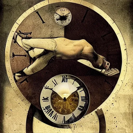 Prompt: a man eating the concept of time as the world around him crumbles, esoteric, optical illusion, illuminati