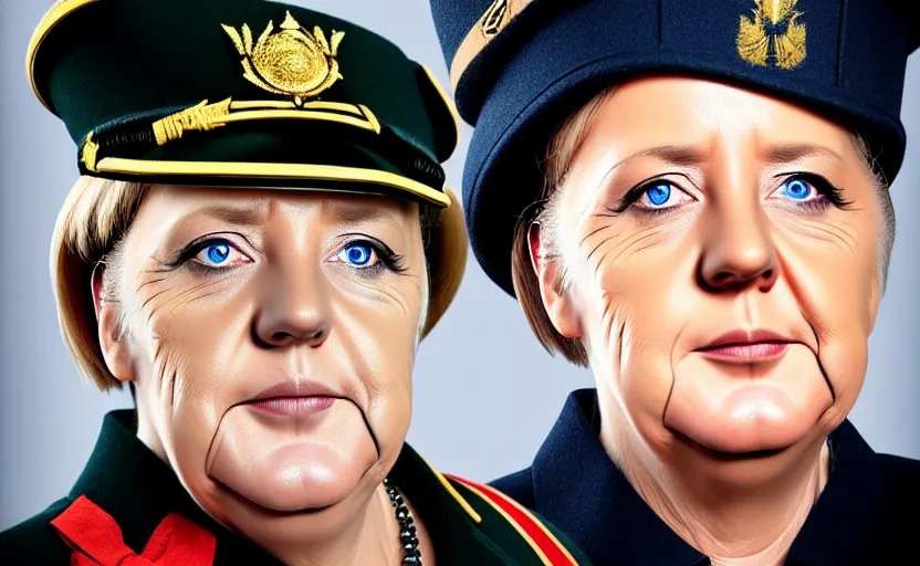 Prompt: portrait of angela merkel dressed as a military officer, digital art, natural light, sharp, detailed face, magazine