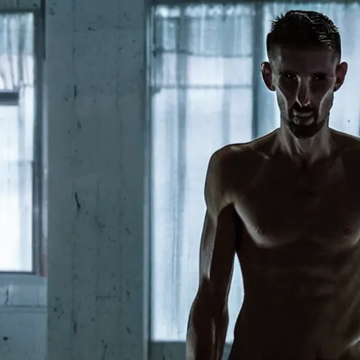 Image similar to still of scrawny Dwanye Johnson having lost 150 pounds in The Machinist remake 2029