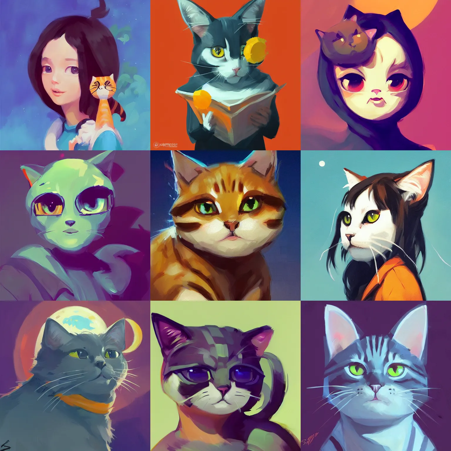 Prompt: cartoony, cute kawaii Greg Manchess portrait painting of a cat animal character, head shot, splashscreen, Organic Painting, Matte Painting, bold shapes, hard edges, app icon, moon in background, trending on artstation, by Sachin Teng, artgerm, rossdraws