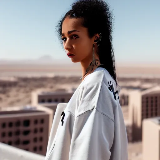 Image similar to photographic portrait of a streetwear woman, closeup, on the rooftop of a futuristic city overlooking a desert oasis, sigma 85mm f/1.4, 4k, depth of field, high resolution, 4k, 8k, hd, full color