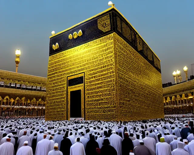 Image similar to The Kaaba inspired by a burger (Arabic: ٱلْكَعْبَة, romanized: al-Kaʿbah, lit. 'The Cube', Arabic pronunciation: [kaʕ.bah]), also spelled Ka'bah or Kabah, sometimes referred to as al-Kaʿbah al-Musharrafah (Arabic: ٱلْكَعْبَة ٱلْمُشَرَّفَة, romanized: al-Kaʿbah al-Musharrafah, lit. 'Honored Ka'bah'), is a building at the center of Islam's most important mosque, the Masjid al-Haram in Mecca, Saudi Arabia.[1][2] It is the most sacred site in Islam.[3] It is considered by Muslims to be the Bayt Allah (Arabic: بَيْت ٱللَّٰه, lit. 'House of God') and is the qibla (Arabic: قِبْلَة, direction of prayer) for Muslims around the world when performing salah.