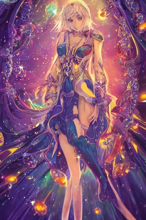 Image similar to acid trip, hall of mirrors, intricate, highly detailed, anime, 4k, a beautiful seductive lucina from fire emblem holding a crystal containing the universe, with professional makeup, long trippy hair, surrounded by gems, underneath the stars, trending on patreon, deviantart, twitter, artstation, volumetric lighting, heavy contrast, by artgerm and Ilya Kuvshinov and alphonse mucha