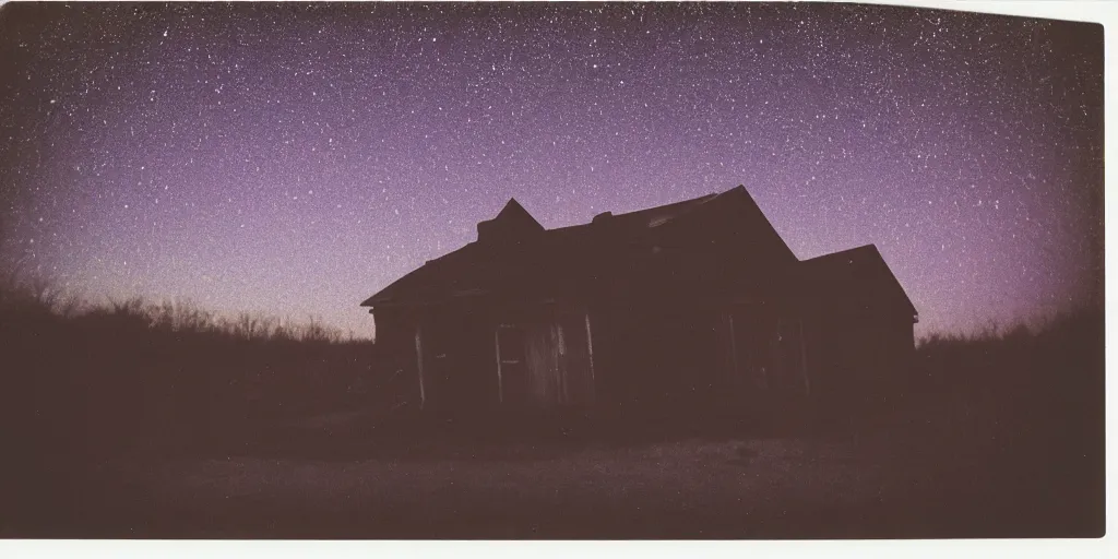 Image similar to polaroid photo of an abandoned house on a wasteland, deep purple starry sky, slight color bleed, grain