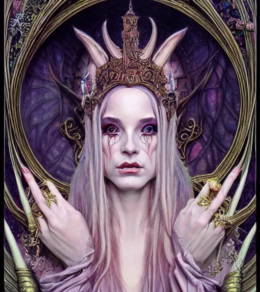 Prompt: symmetrical painting, a beautiful female witch queen in dress, pretty, detailed and intricate, perfect face, elegant, ornate, luxury, elite, matte painting, by artgrem, by james jean, by brian froud, by wayne barlowe