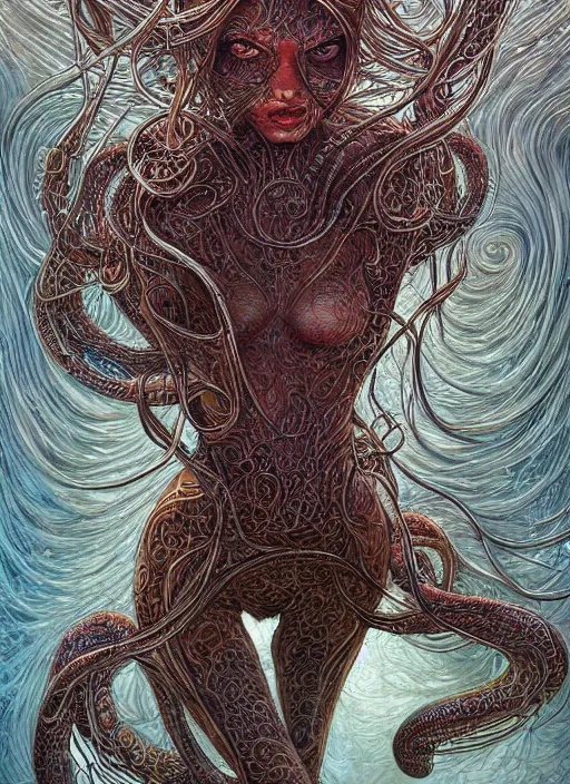 Image similar to beautiful psychedelic goddess enrobed in tentacles in the style of peter gric