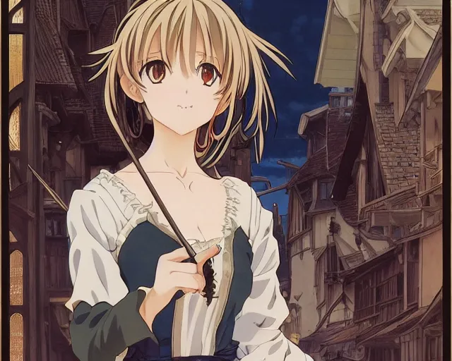 Image similar to kyoani, murata range, key anime visual portrait of a young female witch walking through a busy medieval village, dynamic pose, dynamic perspective, cinematic, dramatic lighting, muted colors, detailed silhouette, textured, anime proportions, alphonse mucha, perfect anime, yoh yoshinari, takashi murakami