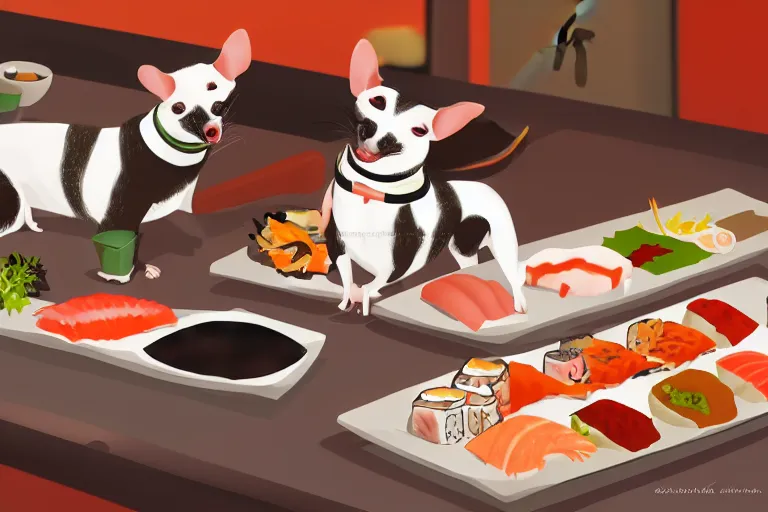 Prompt: a rat terrier dog sushi chef serving two gray cats at a sushi bar digital painting, trending on artstation, 4 k wallpaper