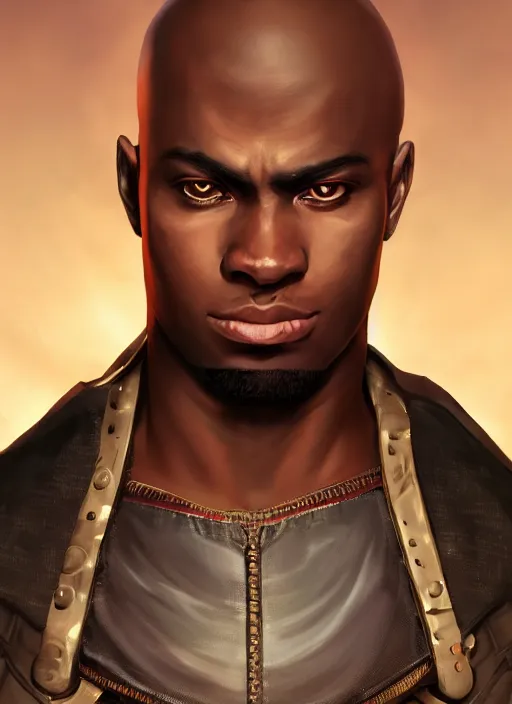 Image similar to An epic fantasy comic book style portrait painting of a young dark skinned thief with broad shoulders and a bald head in a vest in the style of the wheel of time, unreal 5, DAZ, hyperrealistic, octane render, cosplay, RPG portrait, dynamic lighting