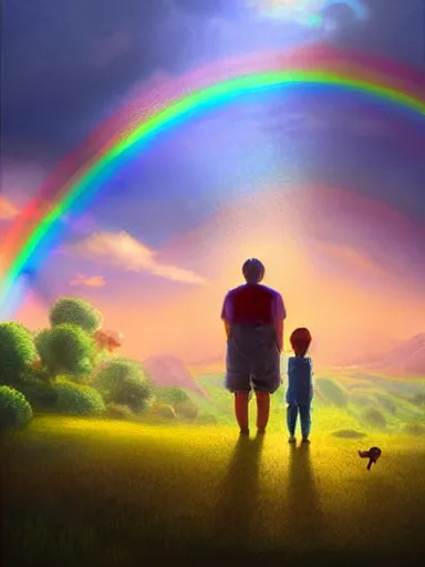 Image similar to dad. mom. kids. a happy familly looking at a distant rainbow. green valley horizon. a village. intricate, elegant, highly detailed, digital painting, artstation, concept art, sharp focus, illustration, by justin gerard and artgerm, 8 k