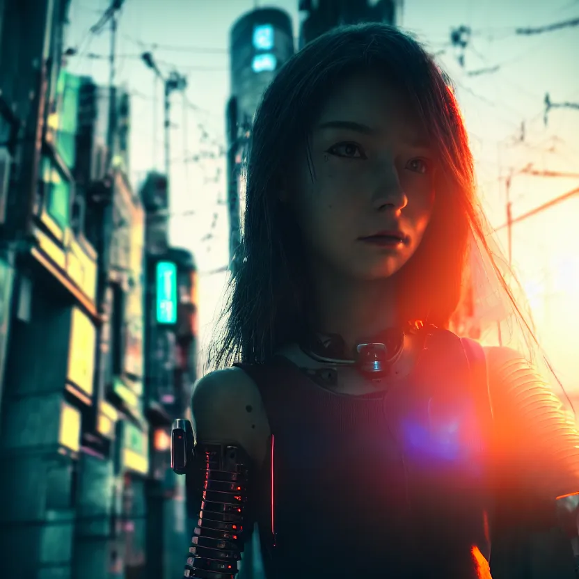 Image similar to a photo close up cyberpunk cyborg girl stands in a cyberpunk hiroshima, prefecture streets, sunset, photorealistic, cinematic lighting, very detailed, style by tomino - sama