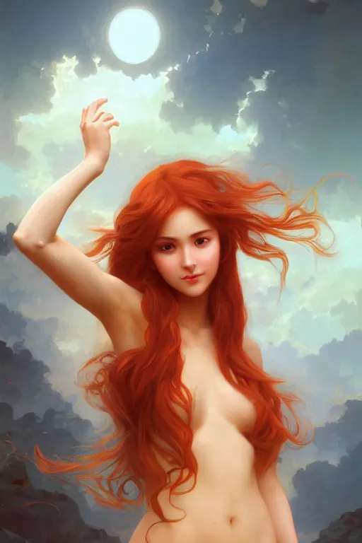 Image similar to nami, long orange hair, brown eyes, beautiful body, digital art from artstation by artgerm and william - adolphe bouguereau