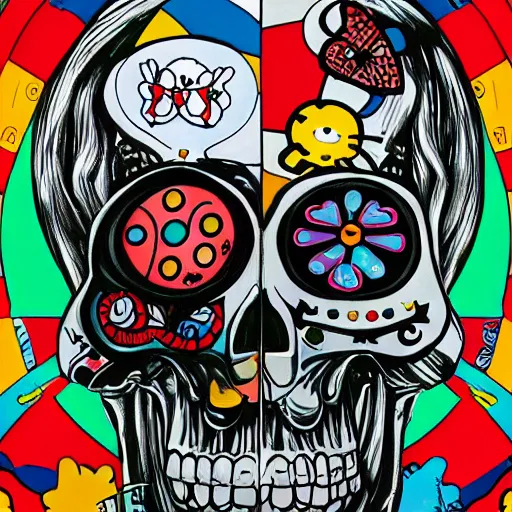 Image similar to portrait painting goofy skull skeleton, hello kitty, comic book, pokemon, highly detailed, art by Singer Sargent and damien hirst