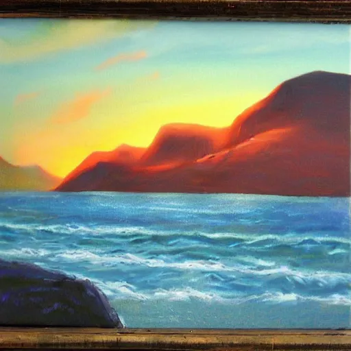 Prompt: norse god and north wind blowing in the norwegian fjord, sea and mountains on the horizon, sunset, oil painting style
