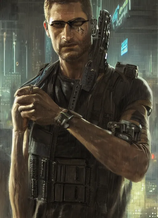 Image similar to sam fisher. cyberpunk mercenary in a military vest ( blade runner 2 0 4 9, cyberpunk 2 0 7 7 ). orientalist portrait by john william waterhouse and james gurney and theodore ralli and nasreddine dinet, oil on canvas. cinematic, hyper realism, realistic proportions, dramatic lighting, high detail 4 k