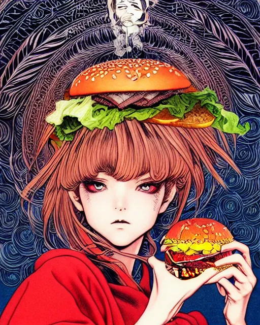 Prompt: hyper detailed illustration of a witch with a hamburger, intricate linework, lighting poster by moebius, ayami kojima, 9 0's anime, retro fantasy