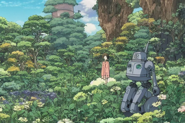 Image similar to still from the miyazaki anime film garden in the sky, a garden in the clouds, robot gardener, beautiful garden island, studio ghibli cartoon