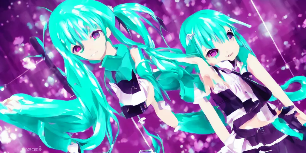 Prompt: hatsune miku preforming on stage , digital art, art station, trending on art station, anime, colorful art