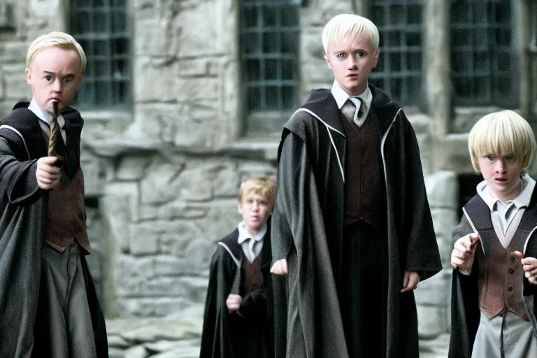 Image similar to film still Haley Joel Osment as Draco Malfoy wearing hogwarts uniform in Harry Potter movie