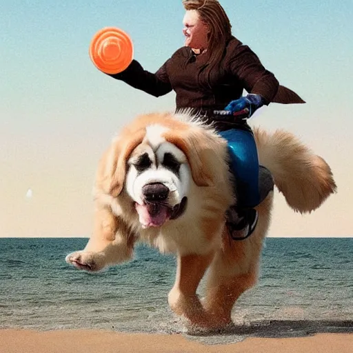 Image similar to girl riding a giant saint Bernard at the beach catching a frisbee, trending on artstation