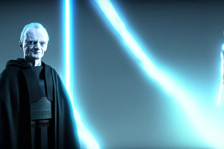 Image similar to a cinematic still of (Ian McDiarmid!!!) as palpatine, wearing sith hood, Ian McDiarmid, ((octane render, nvidia raytracing demo)), ((((lightning)))), masterpiece