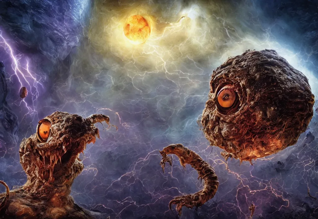 Image similar to eldritch horror bloody garfield in space, hd, 8 k, giant, epic, realistic photo, unreal engine, prophecy, powerful, cinematic lighting, destroyed planet, debris, violent, sinister, ray tracing, dynamic, epic composition, dark, horrific, teeth, grotesque, monochrome drawing, hellscape, corpses, foreboding, lightning, garfield cartoon eyes