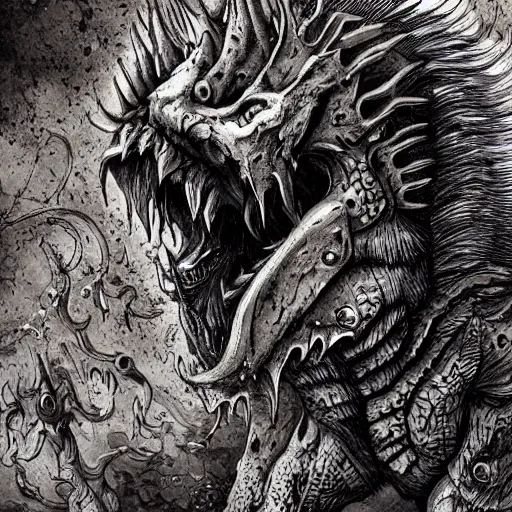 Image similar to fierce chimera monster, gothic art, subdued color, detailed, eerie, emotional, gothic, sad, agitated, highly detailed, incredibly sharp focus, Artstation, deviantart, artgem, insane detail, intense black line art, precision detail, golden ratio, in the style of Heavy Metal Comics