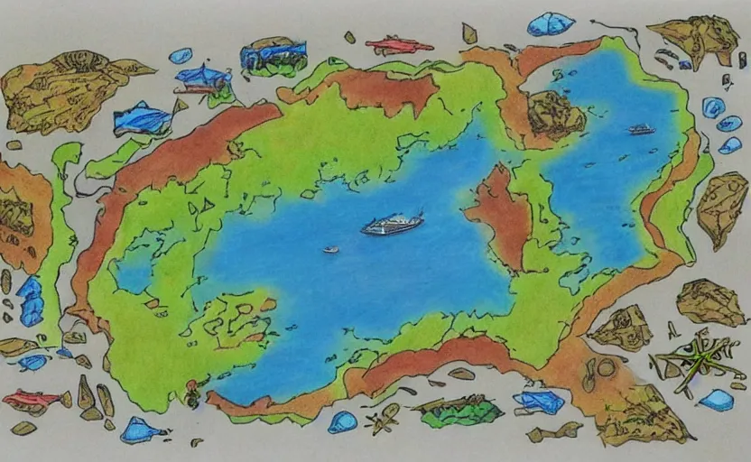 Prompt: futuristic island map, drawn with crayons, detailed