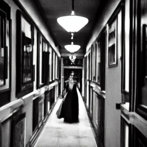 Image similar to a beautiful woman is frightened by her ugly doppleganger in a mirror. she is in a long hallway of mirrors. haunting atmosphere, dimly lit, dark, horror style, realistic, 3 5 mm lens, low angle, 3 / 4 view.