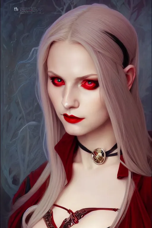 Image similar to Portrait of seductive female necromancer, D&D, revealing stylish dress, red eyes, choker on neck, long blonde hair, mouth slightly open, slight nerdy smile, fantasy, intricate, elegant, highly detailed, digital painting, artstation, concept art, smooth, sharp focus, illustration, art by artgerm and greg rutkowski and alphonse mucha