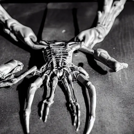 Prompt: black and white grey alien creature autopsy on a metal table, highly detailed, sharp focus, low lights, ultra realistic