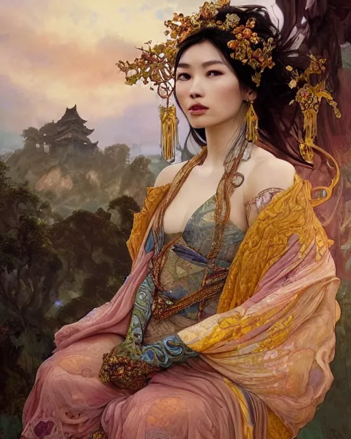 Image similar to a beautiful intricate exquisite imaginative exciting northern close up portrait of an asian sorceress sitting with elegant looks, flowing robe, ornate and flowing, intricate and soft by ruan jia, tom bagshaw, alphonse mucha, krenz cushart, beautiful chinese architectural ruins in the background, epic sky, vray render, artstation, deviantart, pinterest, 5 0 0 px models