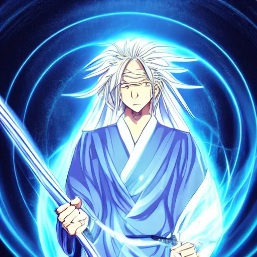 Image similar to a beautiful manga character wizard with free flowing hair holding a staff that has a glowing blue orb at the head of it emanating brilliant blue light, high detail, high resolution