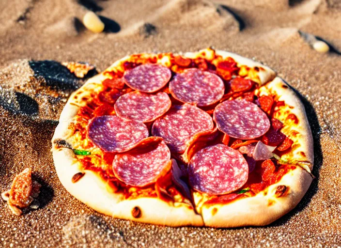 Image similar to clear highly detailed photorealistic food photograph of a pizza with salami anchovies pepperoni lying in beach sand at sunset