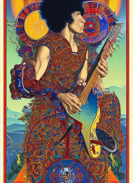 Image similar to an awesome jean giraud graphic art of pat metheny in the style of a renaissance masters portrait, mystical and new age symbolism and tibetan book of the dead imagery, intricately detailed, 4 k