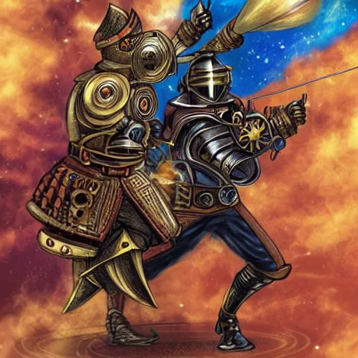 Prompt: steampunk warrior dueling a knight, space, fiery, galaxy, war