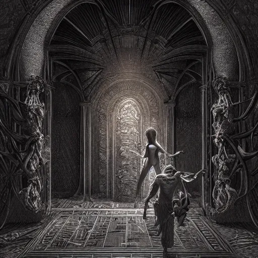 Image similar to photorealistic so step inside, see the devil and i in the style of michael whelan and gustave dore. hyperdetailed photorealism, 1 0 8 megapixels, amazing depth, high resolution, 3 d shading, 3 d finalrender, 3 d cinematic lighting, glowing rich colors, psychedelic overtones, artstation concept art.