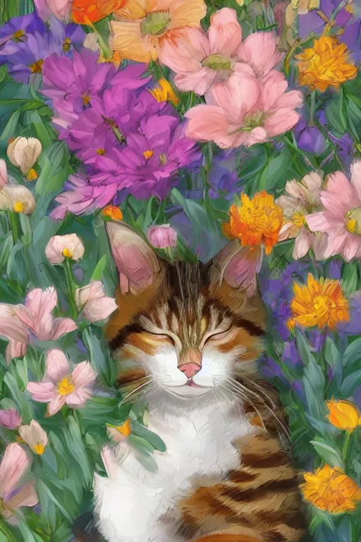 Prompt: a digital art of a cat sleeping in the room with flowers around in the afternoon, the sun shines in, storybook art, detailed, cute, profile shot, featured on artstation