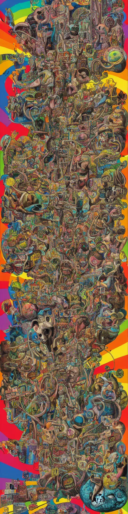 Prompt: american excess, large crowd, cubensis, graffiti, tag, wildstyle, bubble letter, melting, conventional collage, cubism, muted but vibrant colors, muted rainbow tubing, dali, r crumb, hr giger, basil wolverton