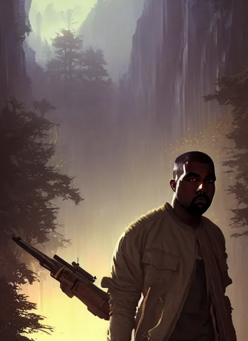 Image similar to highly detailed portrait kanye west holding gun gta v stephen bliss unreal engine fantasy art by greg rutkowski loish rhads ferdinand knab makoto shinkai lois van baarle ilya kuvshinov rossdraws tom bagshaw global illumination radiant light detailed intricate environment