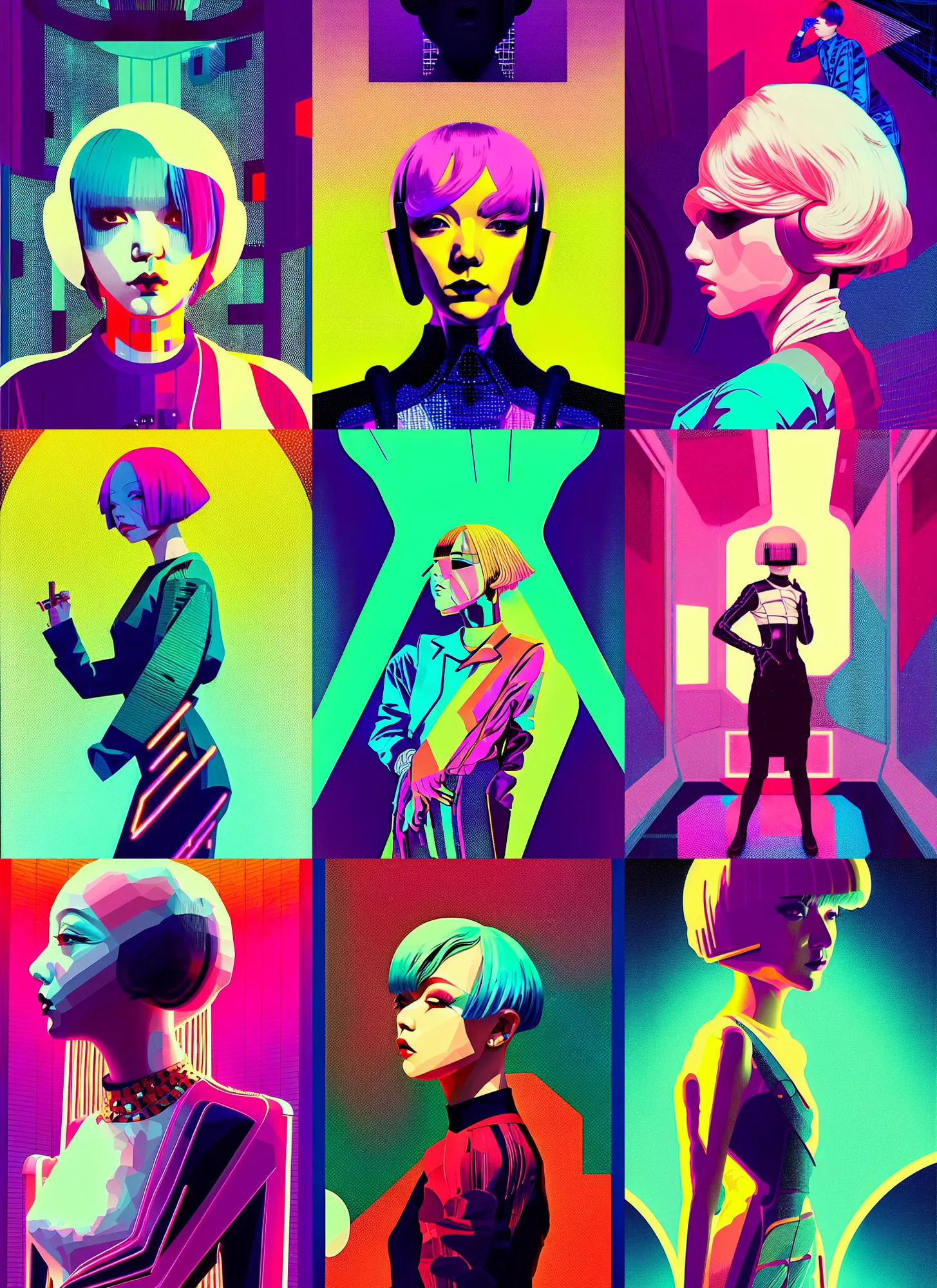 Prompt: ( ( dither ) ), editorial illustration portrait of reol in a spacestation interior, dynamic pose, modern art deco, colorful, ( ( mads berg ) ), christopher balaskas, victo ngai, rich grainy texture, detailed, dynamic composition, wide angle, matte print, alphonse mucha, ( ( glitch art pixel sorting ) )